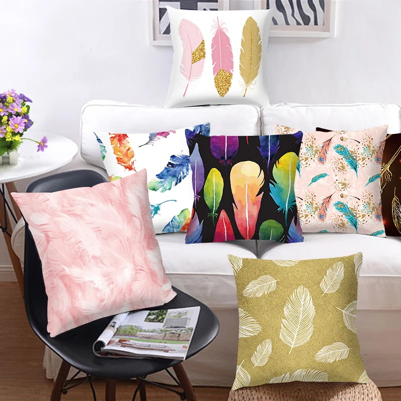 

Feather Printing Pink Throw Pillow Cases Sofa Cushion Cover Bed Pillowcase Decoration Fashion Pillowcase Home Decor 45*45cm