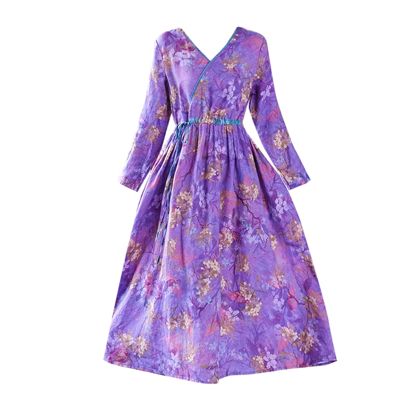 

2021 Winter Floral 3XL Plus Size Dress Autumn Casual Vintage Purple Cotton Linen Maxi Dress Women Elegant Bodycon Party Vestidos