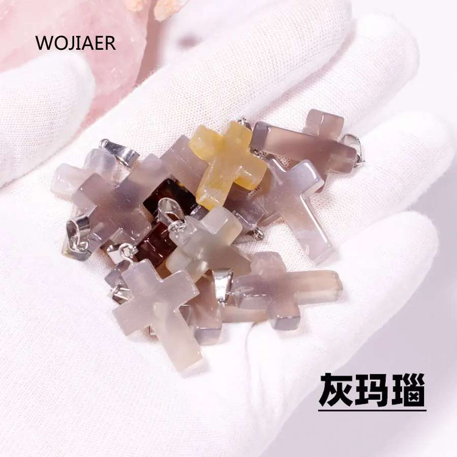 

WOJIAER Stylish Natural Grey Agates Gem Stone Cross Pendant Pendulum Stone 25x18x6mm Energy Handmade Jewelry 1PCS ZM0491