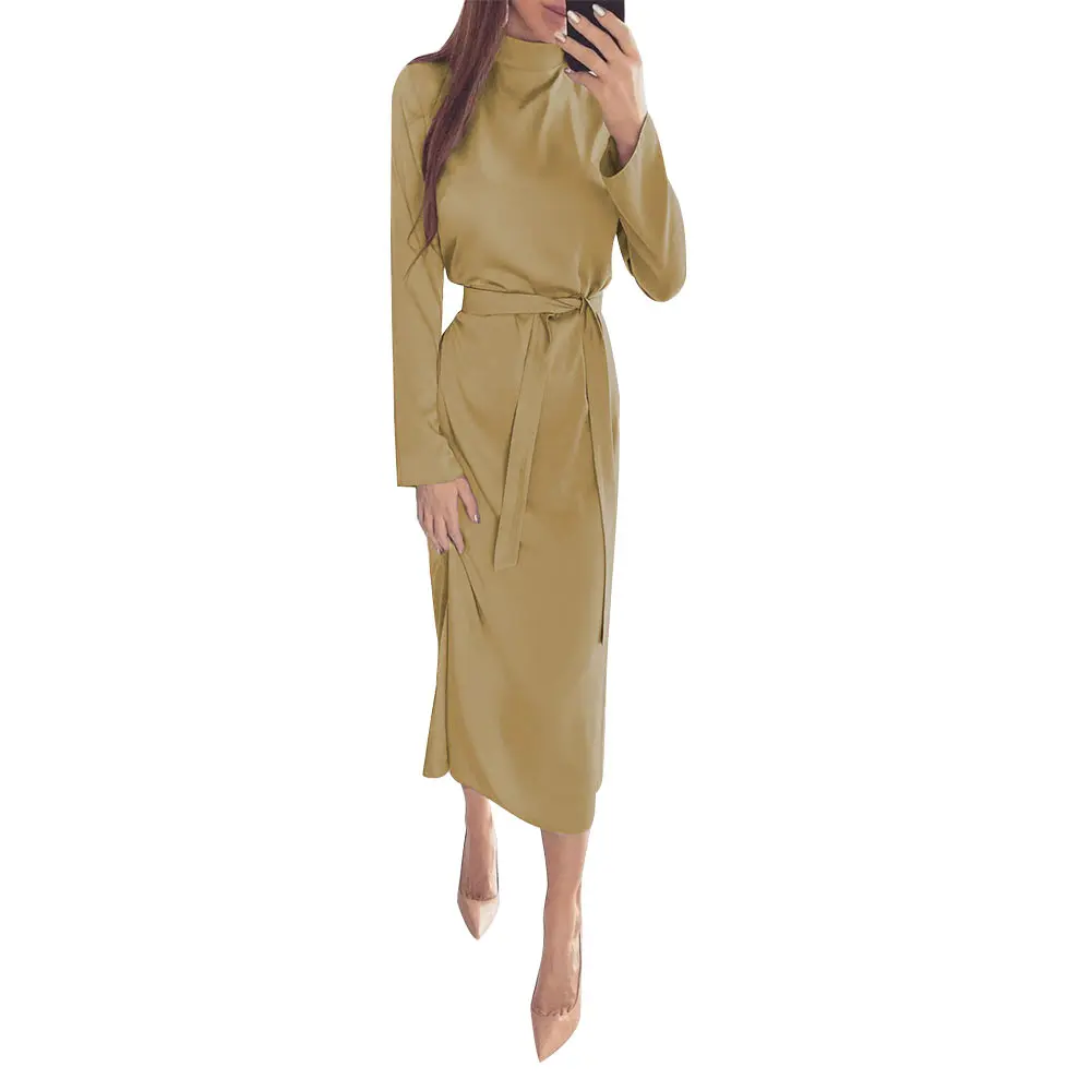 

Elegant Women Dresses Long Sleeve Turtleneck Autumn Winter Solid Casual Basic Midi Dress Female Party Dress With Belt Vestidos