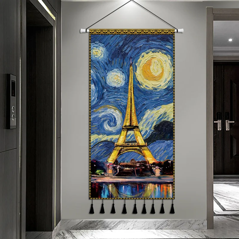 Tapiz colgante con pintura al &oacute;leo de Van Gogh, cubierta de pared con borlas hechas a mano, manta de tela, accesorios de decoraci&oacute;n para el hogar-2