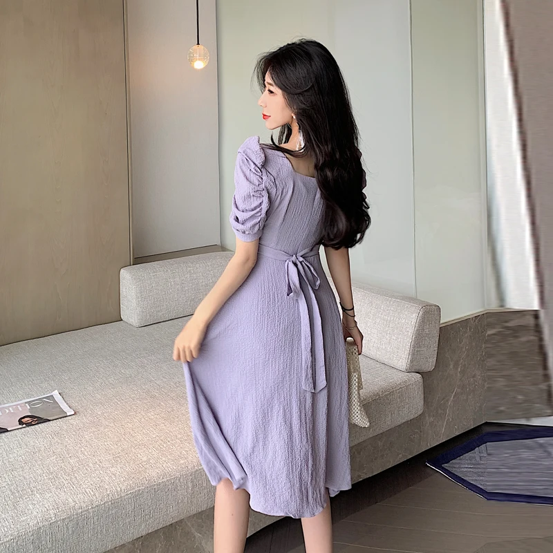 

Make firm offers han edition retro square collar fold of tall waist simple elegant temperament light ripe wind lantern sleeve dr