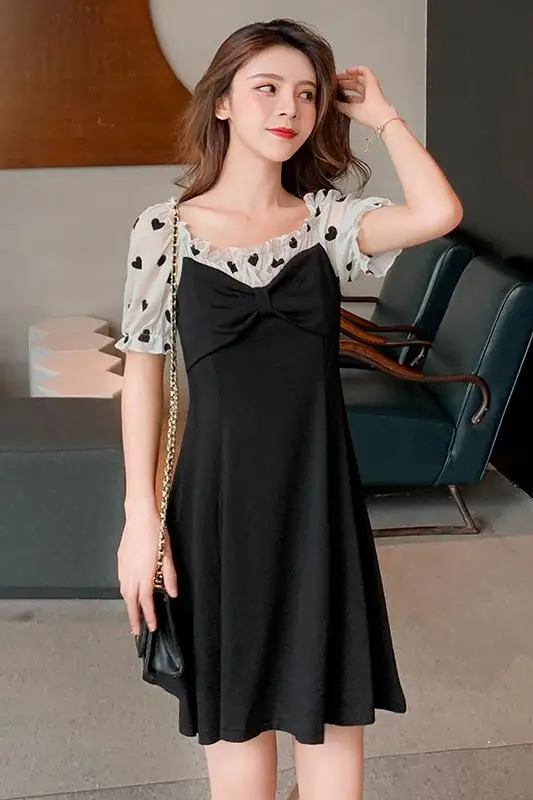 COIGARSAM Women dress Polka Dot Patchwork Every Child Should Have A Little Fairy French Niche Dresses Black 005 | Женская одежда