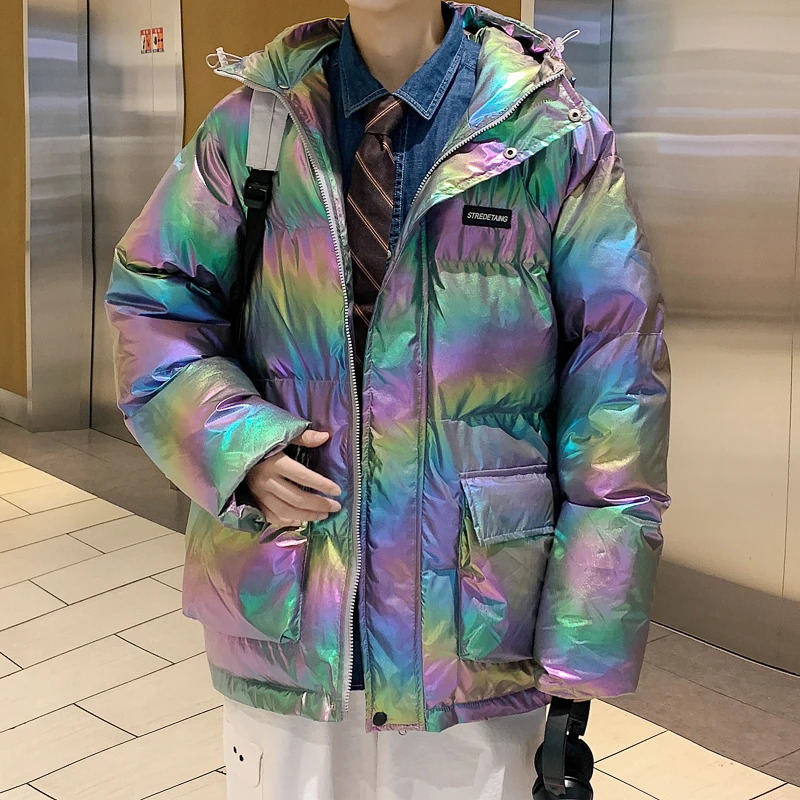 Hip Hop Oversized Mens Pu Leather Parkas Jacket Streetwear Harajuku Cotton Padded Warm Outwear