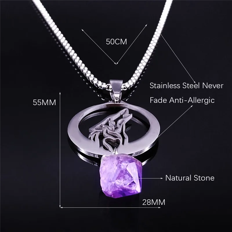 Moon Wolf Natural Purple Crystal Stainless Steel Necklace Animal Pendant Necklace Women/Men Jewelry cadenas mujer N3121S02 images - 6