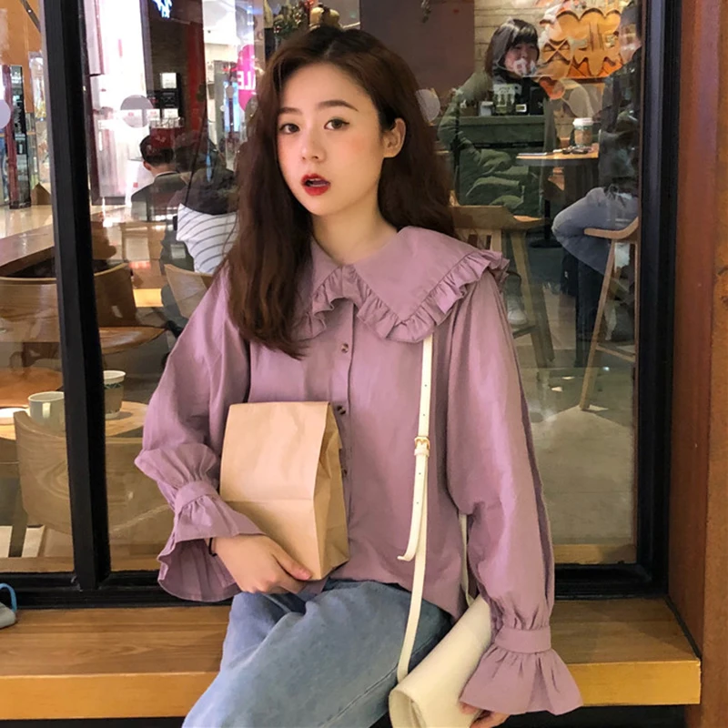 Блузка женская однотонная с оборками на воротнике милая стильная рубашка