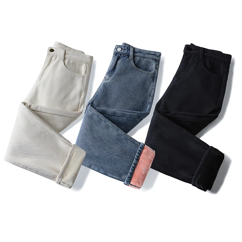 

Boyfriend Jeans Woman Ankle Long Apricot Fleece Thicken New Warm Winter Harlan High Waist Plus Velvet Denim Nine Points Pants