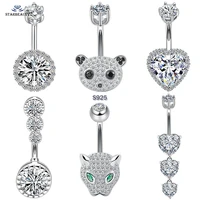 luxury 925 sterling silver belly piercing silver 925 crystal heart navel piercing jewelry panda belly button rings 6810mm bar
