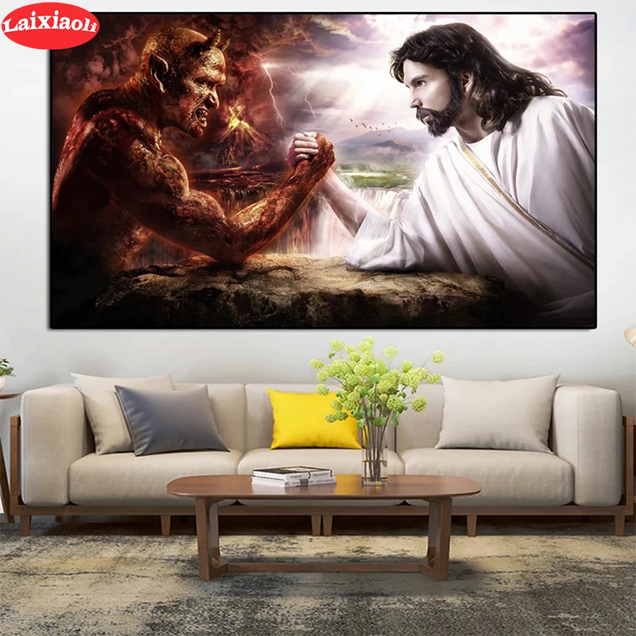 Алмазная живопись абстрактная Бог Иисус против сатаны дьявол искусство полная