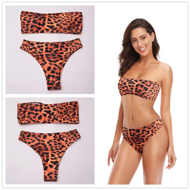 Мини-купальник комплект бикини топ-труба Леопардовый пуш-ап женский сексуальный