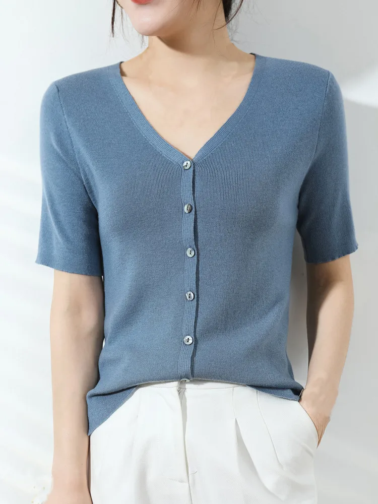 

2021 Spring And Summer Female New Fashion Thin Cardigan Knitted Solid Loose-Fitting V-Neck Short Button With Five-Quarter Sleeve