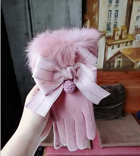 Женские осенне-зимние Утепленные шерстяные перчатки из натурального кроличьего меха, женские кашемировые перчатки с сенсорным экраном, зимние перчатки для вождения R2270