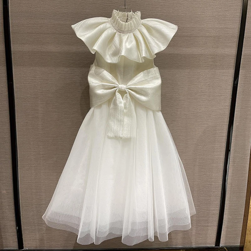 

VGH Sweet Solid Patchwork Dress For Women Half High Collar Sleeveless High Waist Bowknot Midi Dresses Female New Summer Fashion