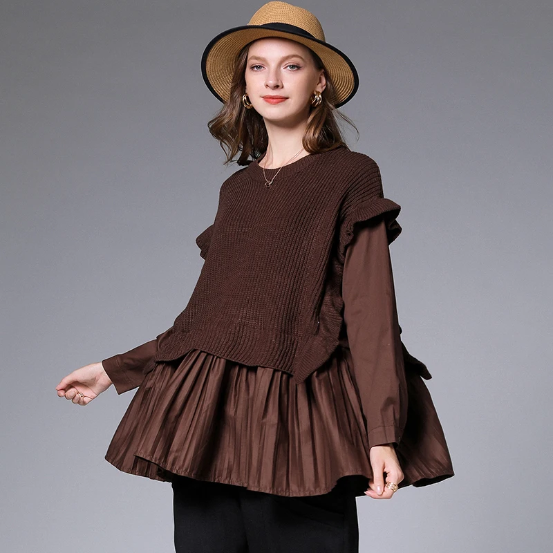 Зимний женский свободный пуловер имитация двух свитеров рубашка с рукавами