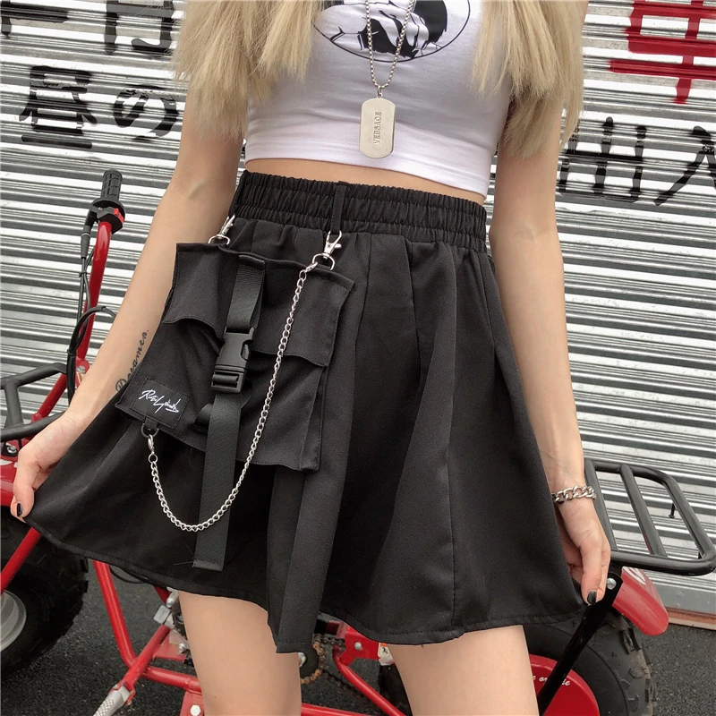 Готический панк-Юбка Для Женщин Harajuku с высокой талией сеть карманы