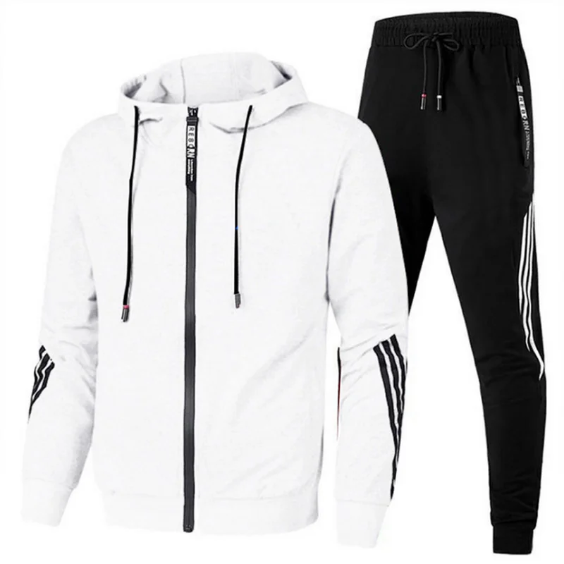 

New Casual Men's Hooded Suit Running Sportswear 2 Piece Set Zipper Hoodie + Sweatpants Jogging Male Tracksuit Gym Clothing