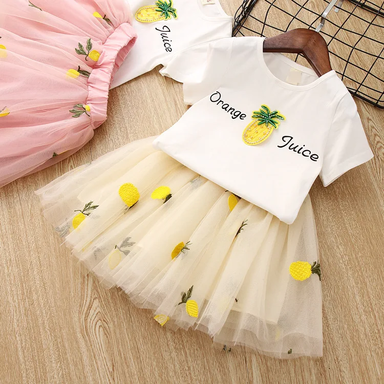 

Girls' Clothing Sets Cute Letter Korean T-Shirt +Spell Yarn Pineapple Embroidery Skirt 2PCS Princess Kids Children Clothes