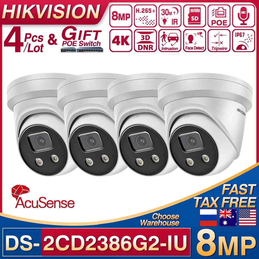 

Hikvision 4Pcs/Lot DS-2CD2386G2-IU POE IP Camera 8MP Turret Network CCTV IPC SD Card MIC 4K H.265+ 4 Smart Face Detect AcuSense