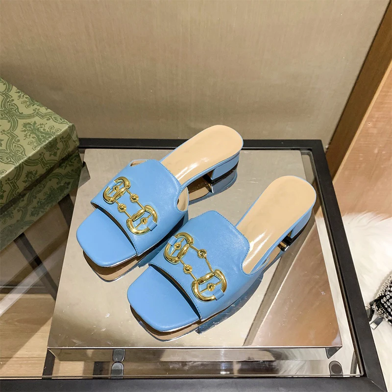 

Women Slippers Sandals Luxury Brand Square Toe Leather Flat Sandals Metal Button Decoration Female Outdoor Beach Casual Slippers
