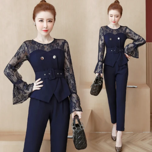 

Богиня, Женский офисный комплект, кружево, Женский комплект из 2 предметов, топ и брюки, рукав-клеш, корейский комплект ансамбль Женский Две п...