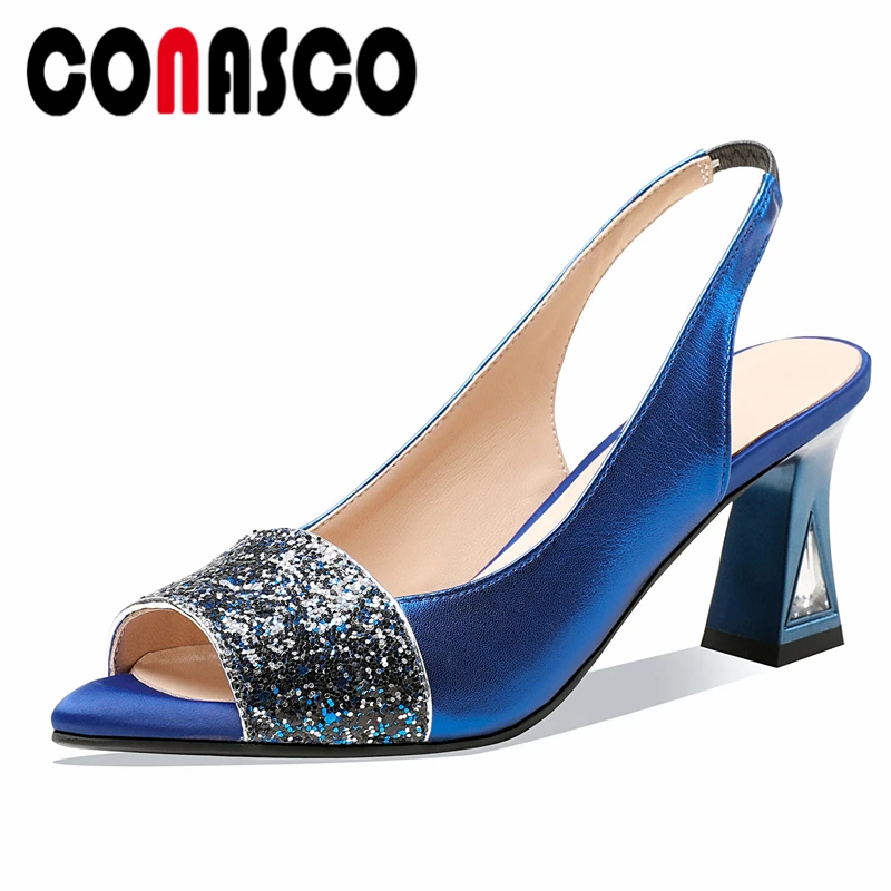 

CONASCO Women Sandals Spring Summer Genuine Leather High Heels Pumps Blingbling Fashion Sexy Peep Toe Shoes Woman Brand Deign