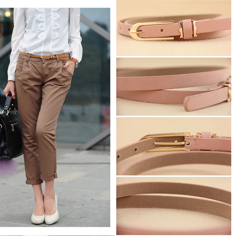Ремень женский тонкий из свиной кожи пояс с металлической пряжкой разных