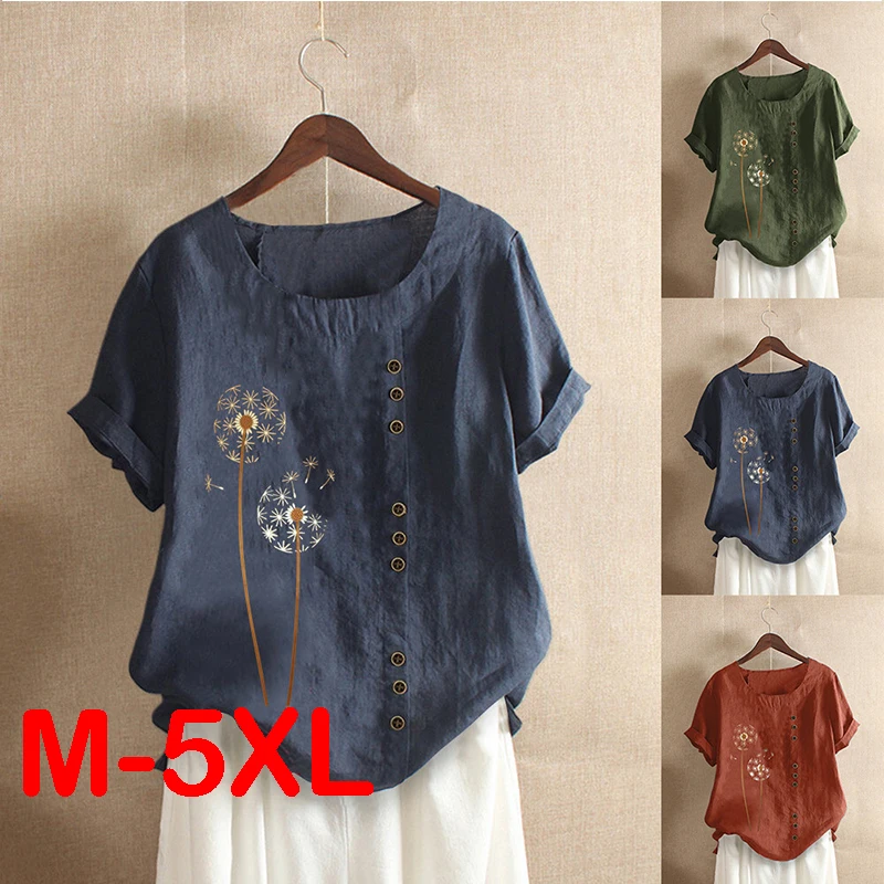 

Plus Size Women Short sleeve Oversized Tops Summer Blouse Dandelion Button Pullover Shirt Clothes Ladies Casual