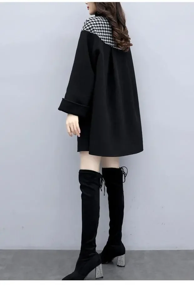 

Winter Warm Coat Women Houndstooth Patchwork Woolen Jacket Loose Autumn Overcoat Outwear Black Female Fashion Casual Cape Coats
