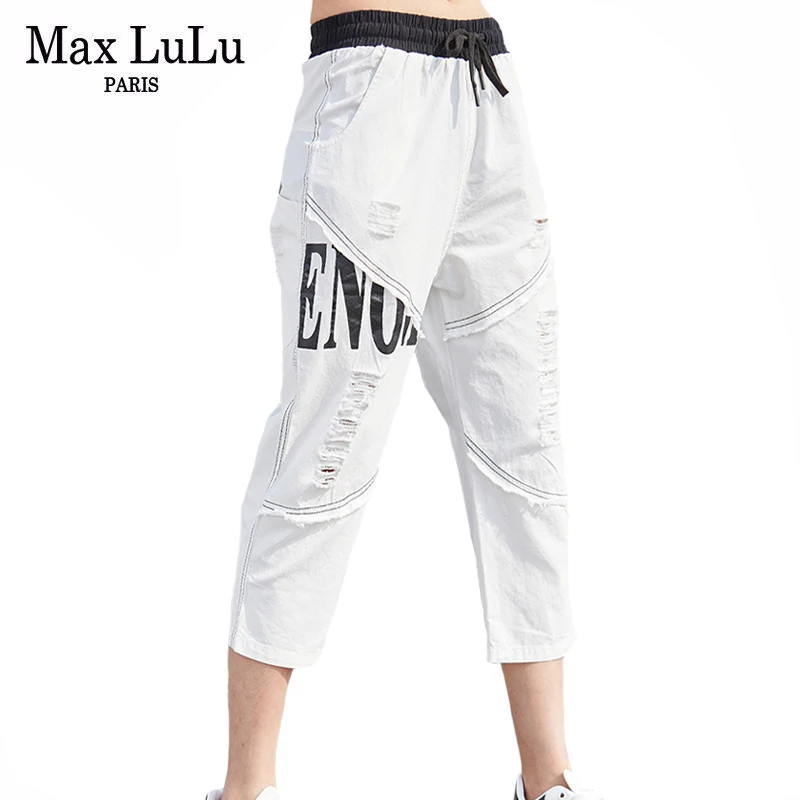 

Max LuLu 2021 Spring Design Women Holes Casual White Jeans Ladies Drawstring Denim Trousers Girl Street Style Pantalons Big Size
