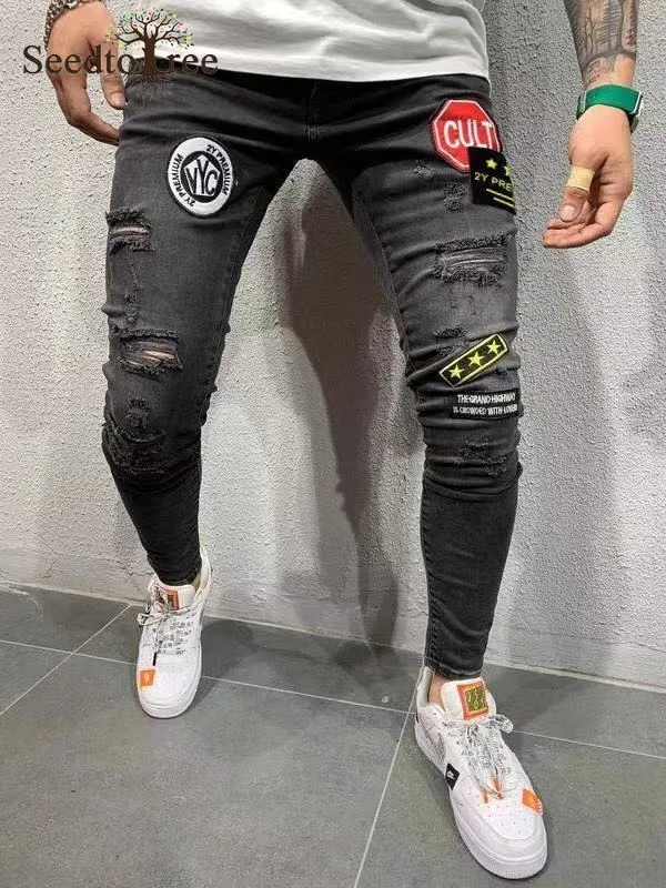 Hole Casual Men's Jeans Slim Denim Trousers Ankle Length Pencil Pants