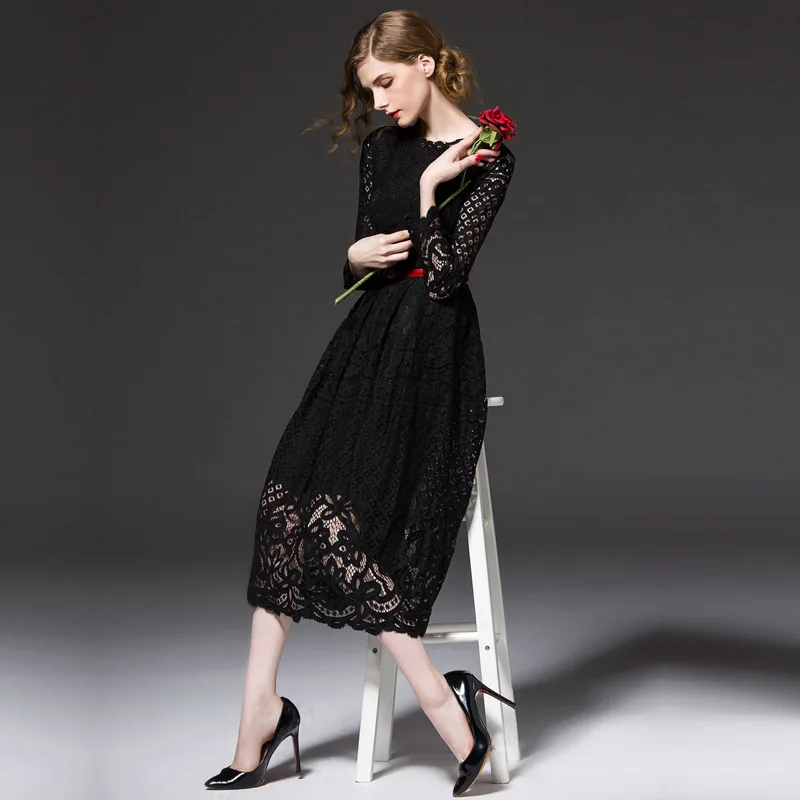 

Lace Women's Dresses Elegant Dress 2023 Spring Autumn Slim Long Dress Female Black Red Women Dress robe femme 15326