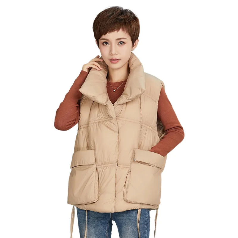 

Short Stand Collar Vest Women 2021 Winter New Korean Casual Sleeveless Down Cotton Waistcoat Warm Pocket Ladies Jacket