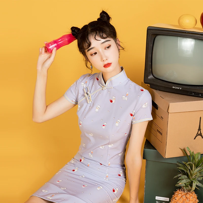 

Will spot the new cartoon printing short sleeve short girl model improved qipao dress fashion lady
