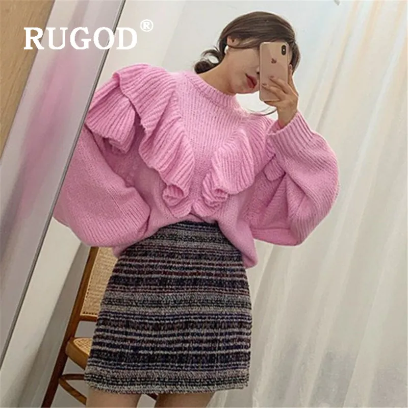 Женский свитер оверсайз RUGOD вязаный с оборками зимний в Корейском стиле 2019 |