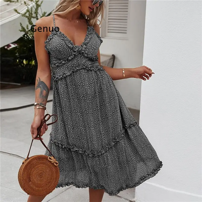 Female Dress Floral Print V-Neck Sleeveless One-Piece Spaghetti Strap Sundress for Summer Red/Black/Blue/Green | Женская одежда