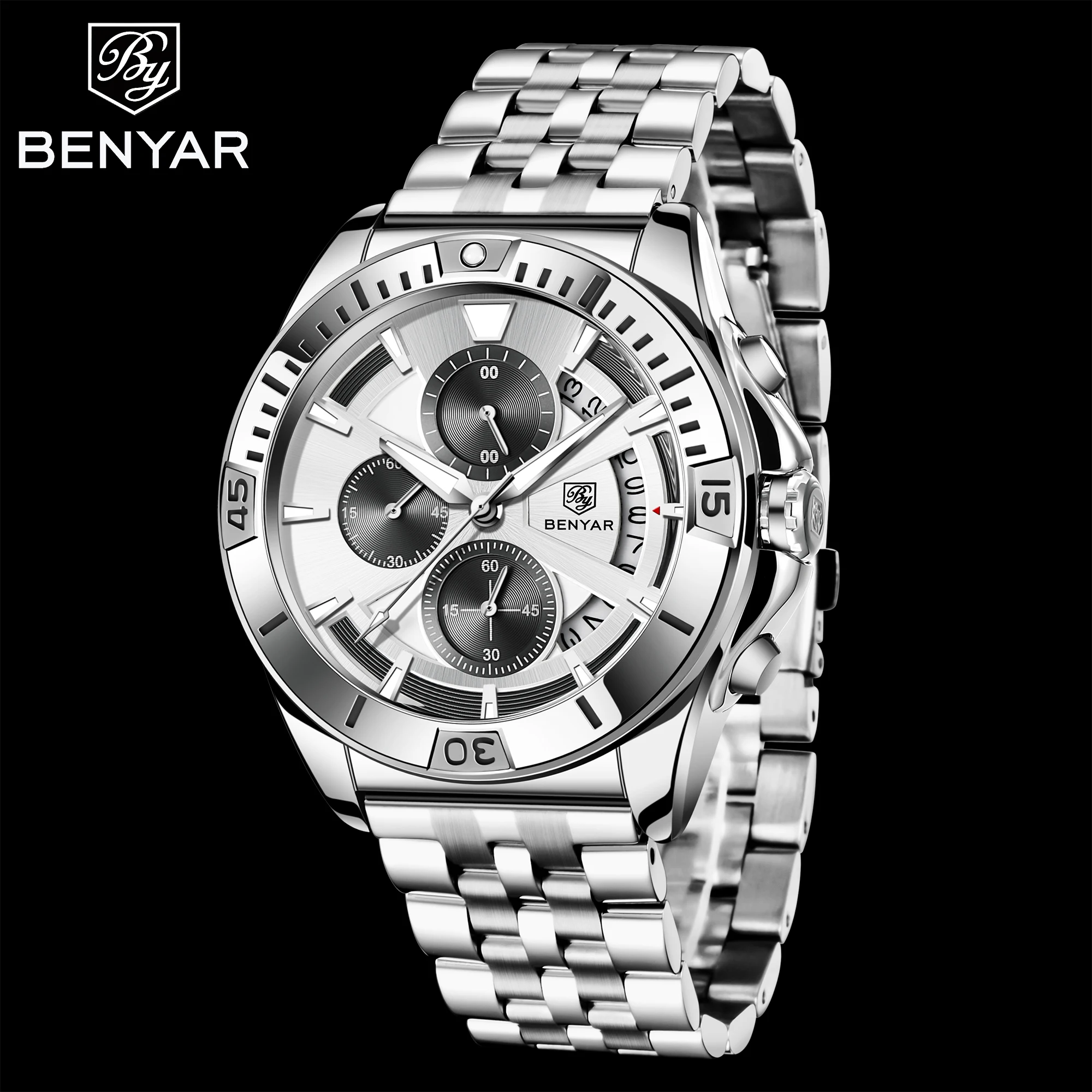 Benyar Design 2021 New Fashion Casual Men's Quartz Watch Multifunctional Waterproof Stainless Steel Luminous Watch Reloj Hombre