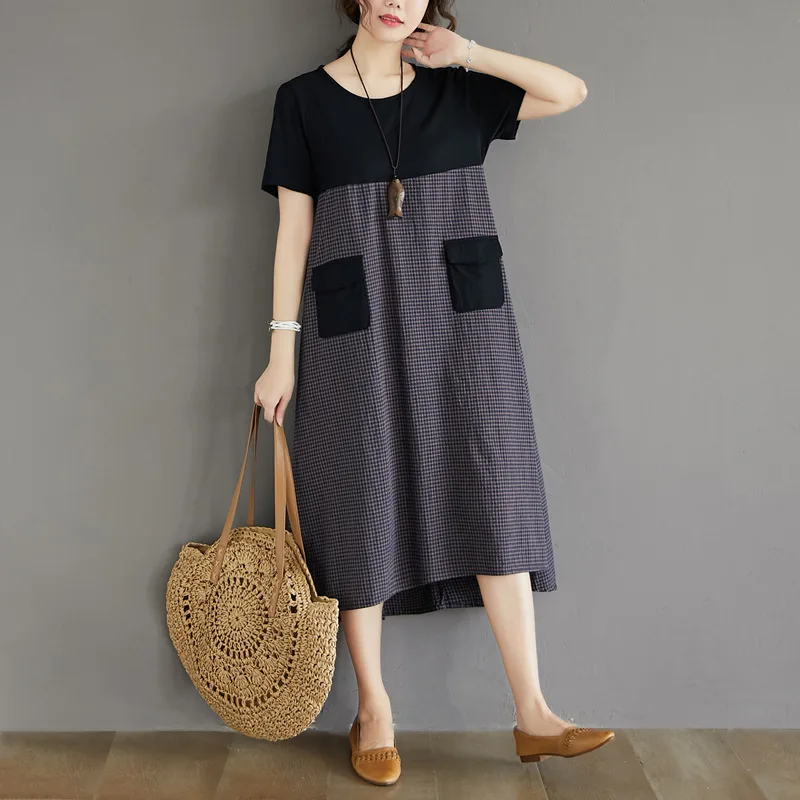 Women Cotton Linen Shirt Dress Summer Plus Size Short Sleeve Color Block Casual Art Loose Midi Robe Tunic Vestidos Kaftan Женская