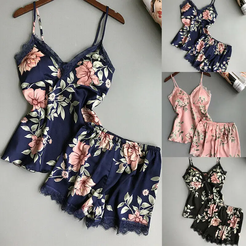 Pink Pajama Set Printed Floral Sleepwear Pijama Sexy Lace Womens Clothing V-neck Nightwear Pyjamas Short Plus Size 2020 | Женская одежда