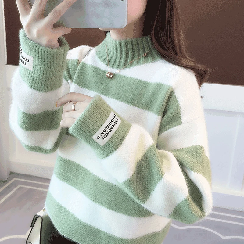 

Half Neck Autumn Winter Woman's Knit Sweater Long Sleeve Stripe Female Jumpers Casual Warm Ladies Pullovers for Women Outwear