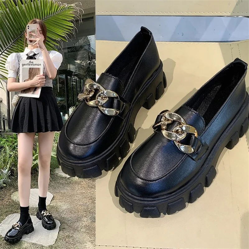 YeddaMavis Black Female Shoes Women Fashion Mary Janes Round Toe Metal Loafers Oxfords Shoes Casual Ladies Heels Shoes For Women