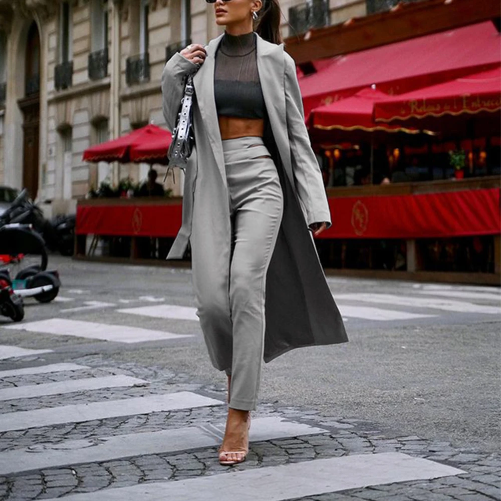 

Женский комплект из двух предметов, однотонный длинный тренчкот с высокой талией и длинным рукавом, Осень-зима 2021