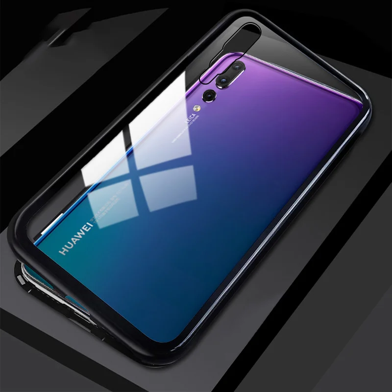 black Магнитный адсорбционный металлический чехол для телефона huawei Honor mate 20 10 Lite P20 P30 Pro 8X чехол Магнит прозрачное закаленное стекло крышка - Цвет: black