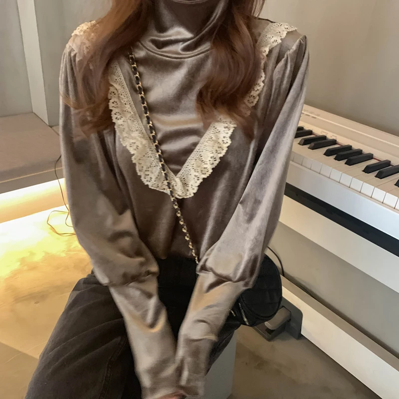 

New Lace Ruffle Patchwork Women Velour Cloth Korean Long Sleeve Turtleneck Shirt 2020 Autumn Winter Basic Shirt