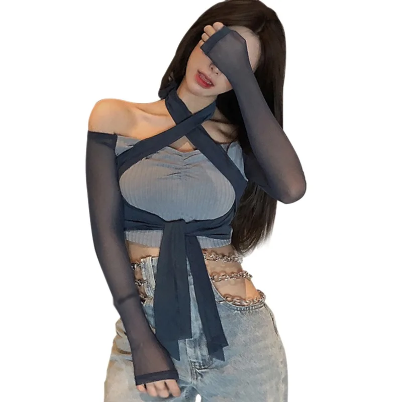 

Women's Netting Patchwork Halter Sexy Slim Exposure Navel T-Shirt Tops