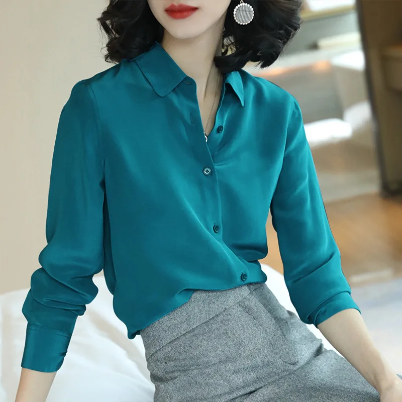 green crepe stretch silk office blouse womens shirts and blouses 2020 summer elegant sexy boho long sleeve plus size  loose