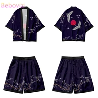 japanese cosplay crane print cardigan harajuku kimono shorts sets yukata casual vintage shirt women men haori two piece suit