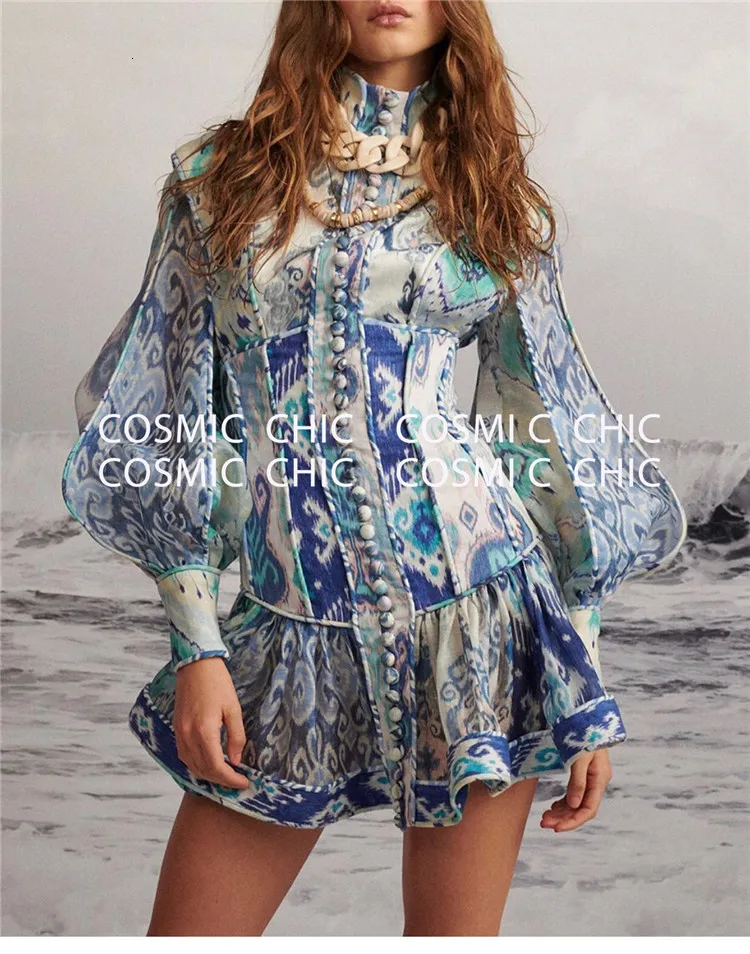 Cosmicchic фонарь с длинным рукавом Бохо льняное короткое платье со стоячим воротником принт рюшами Русалка мини сексуальное винтажное подиумное вечернее платье