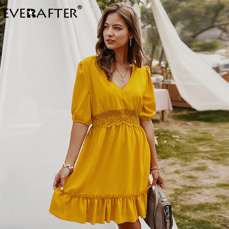 

EVERAFTER Vintage ruffled high waist women dress summer solid sexy solid hollow out patchwork bodycon half ladies mini dresses