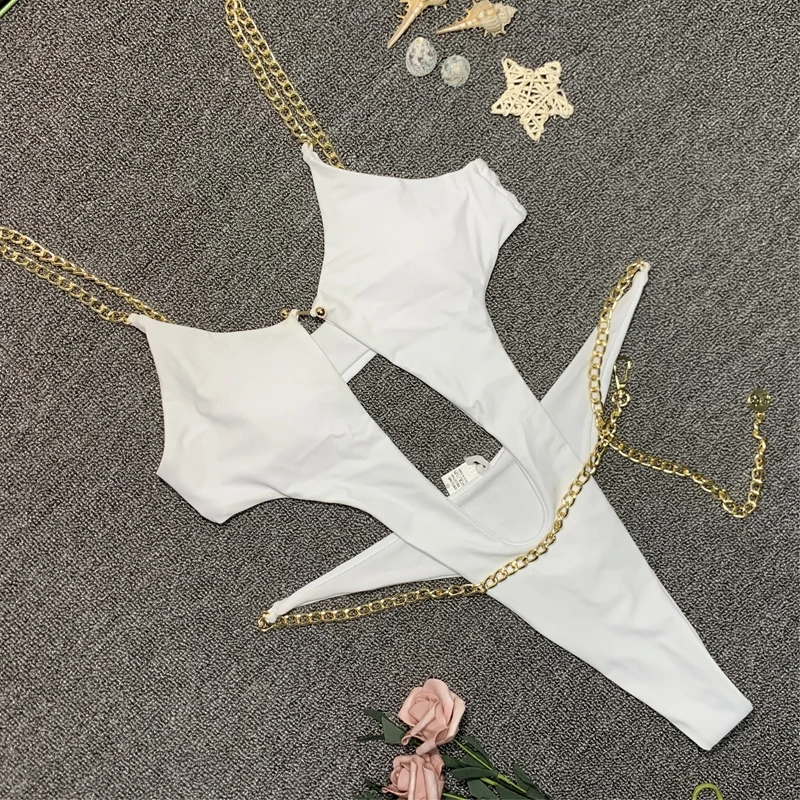 

Chains Bikini Woman Brazilian 2021 Solid Color Hollow Out One Piece Ladies Backless Quick Dry Naked Feel Beach Bathing Swimwear