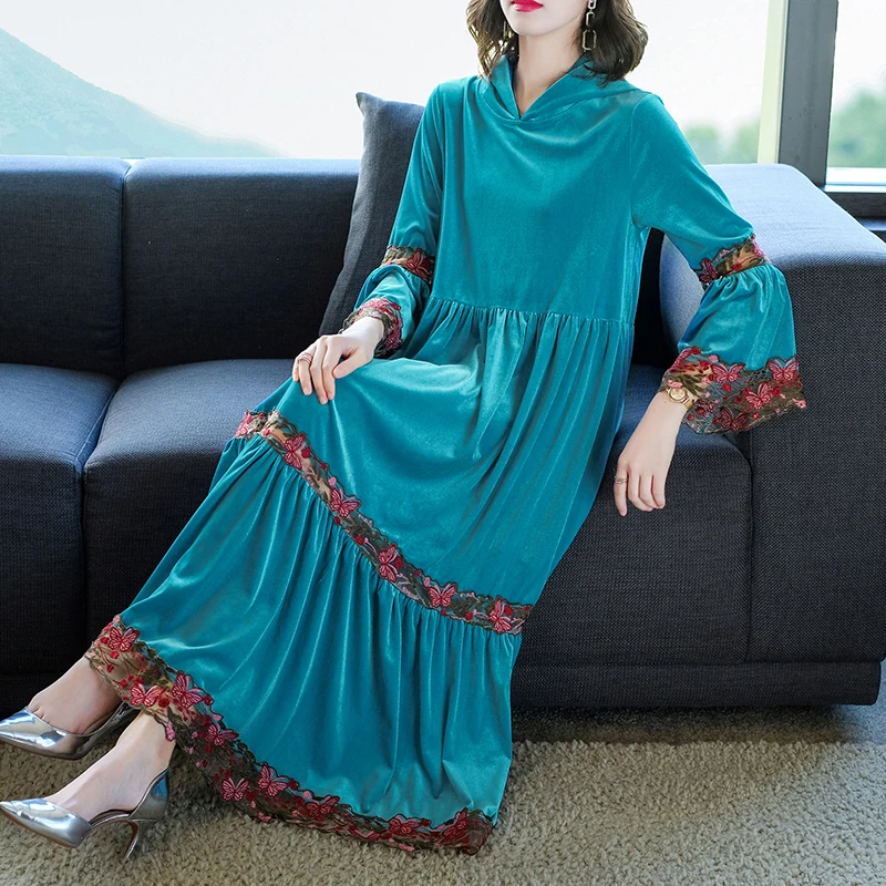 

COIGARSAM Women Long Dress Autumn 2021 New Office Lady Three Quarter Sleeve Hooded Patchwork Silk Loose Solid Blue Dresses Traf